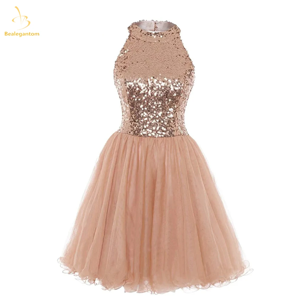 

Bealegantom High-Neck Short Homecoming Dresses Bling Bling Sequin Tulle Mini Graudation Cocktail Formal Prom Party Gown QA163