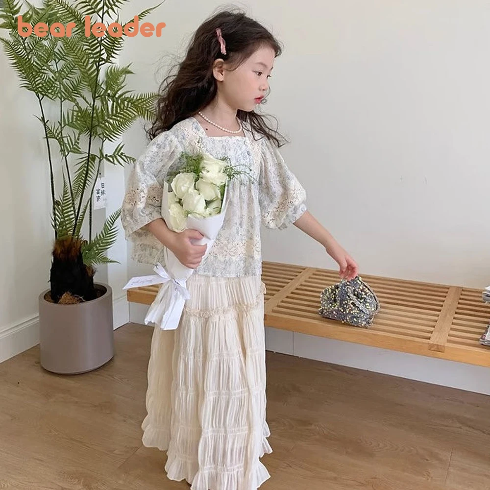 

Bear Leader Girls' Dress 2023 Summer Girls' Square Neck Lace Fragmented Blouse Top+Ruffled Skirt Set Children's Cute Sweet Set