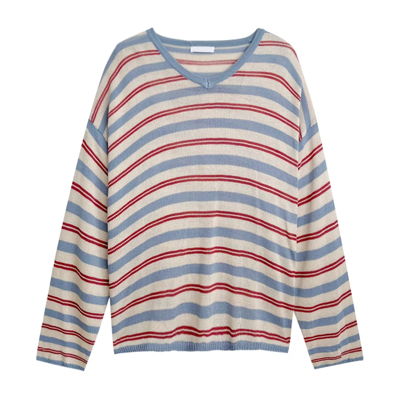 

Vintage V-neck loose and thin sunscreen stripe sweater