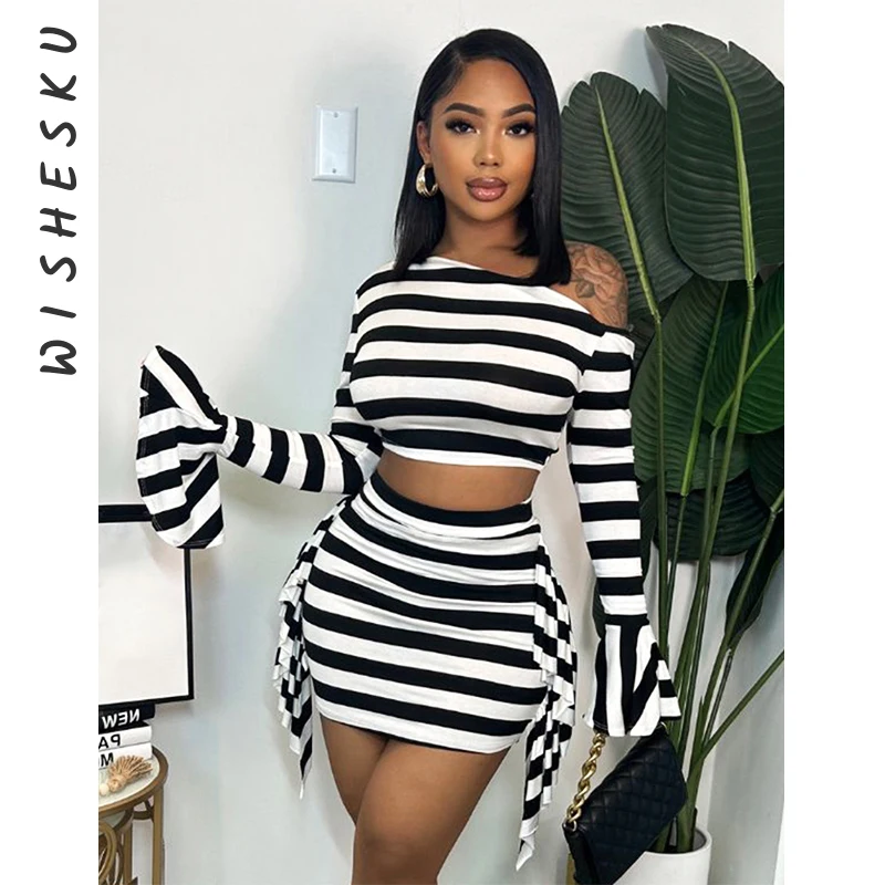 

Two Piece Set Women Stripe Print Outfits Sexy Slant Shoulder Flare Long Sleeve Crop Top+High Waist Skinny Mini Skirt 2023 Spring