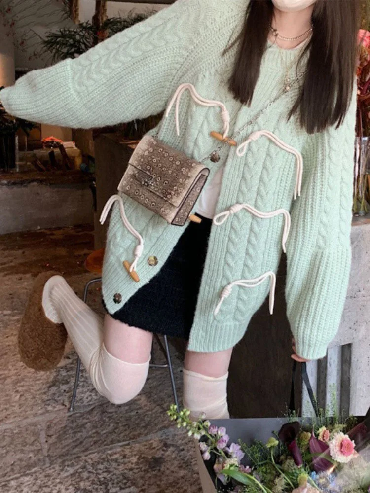

Japanese Twist Preppy Casual Cardigan Women Loose O-neck Horn Toggle Button Loose Knitted Female Cardigans Coat Y2k 2023 Jumpers
