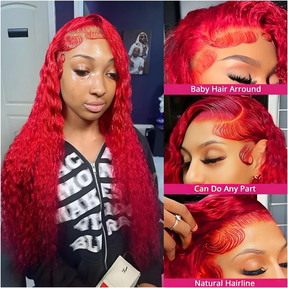 13x4 Red Curly Water Deep Wave Lace Frontal Wigs Human Hair 200% Density 13x6 Red Lace Front Human Hair Wig For Women 30 40 Inch 2