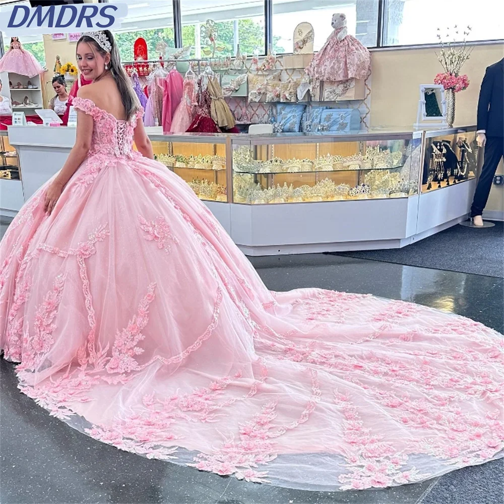 Elegant Sweetheart Shiny Quinceanera Dress Party Gown Pink Princess Lace Appliques Beads Crystal Off The Shoulder For 16 Year