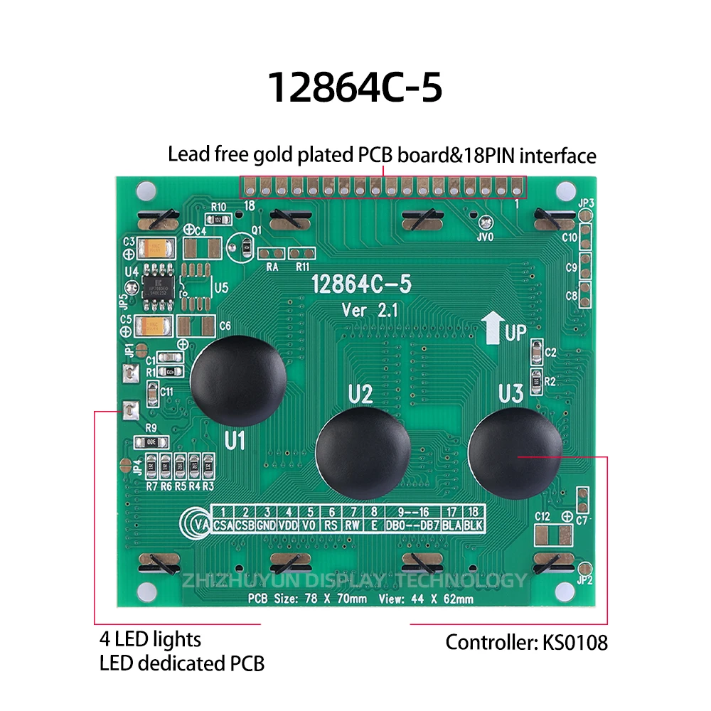 12864C-5 LCD Display Module 128*64 3.5 Inches 78X70MM NT7108 Blue Yellow Screen 18PIN Parallel Port Yellow Green Mold
