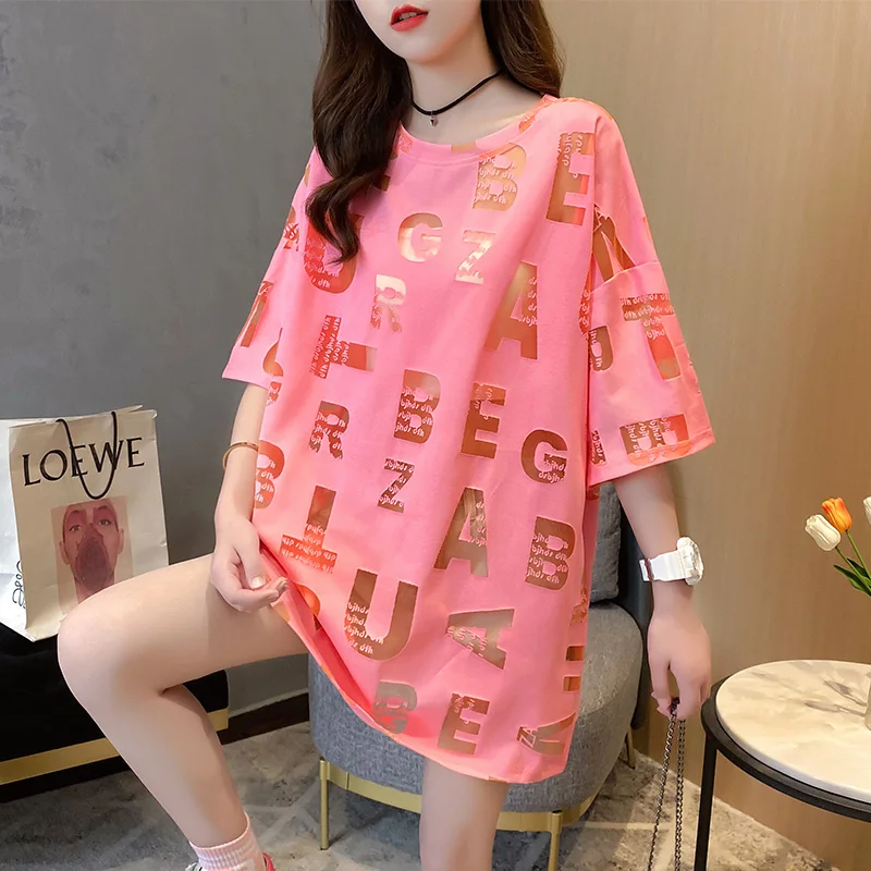 여성용 반팔 레터 할로우 아웃 티셔츠, 여성용 얇은 루즈 티셔츠, 하라주쿠 스트리트웨어, 섹시 핑크, 0606 네온 옐로우