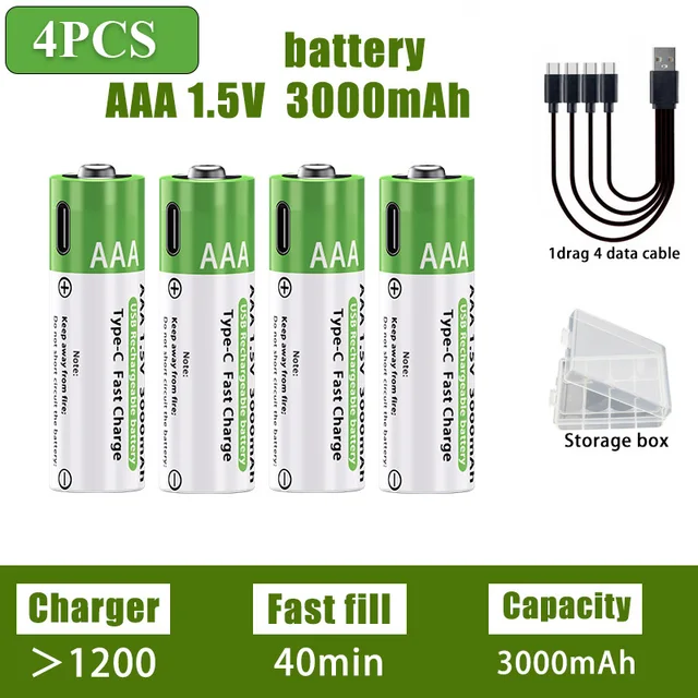 AA/AAA Rechargeable Battery 3000mAh/3800mAh Lithium Battery 1.5V Constant Voltage Fast Charging Type-C For Remote Mouse Toy Ect 16