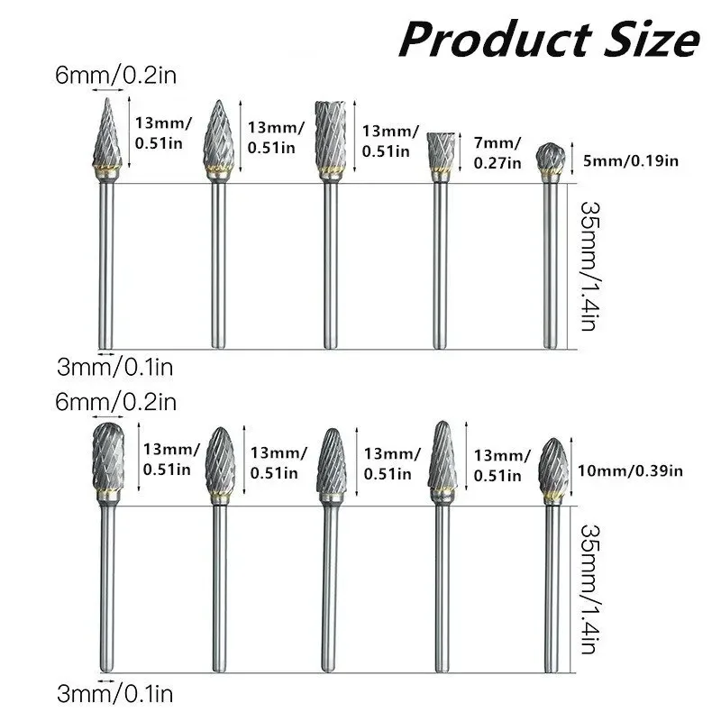 Carbide Burr Set 10pcs Carbide Burr Set Hard Alloy Tungsten Steel Double Cut Rotary File Milling Cutter Head Woodworking Grinding Carvin