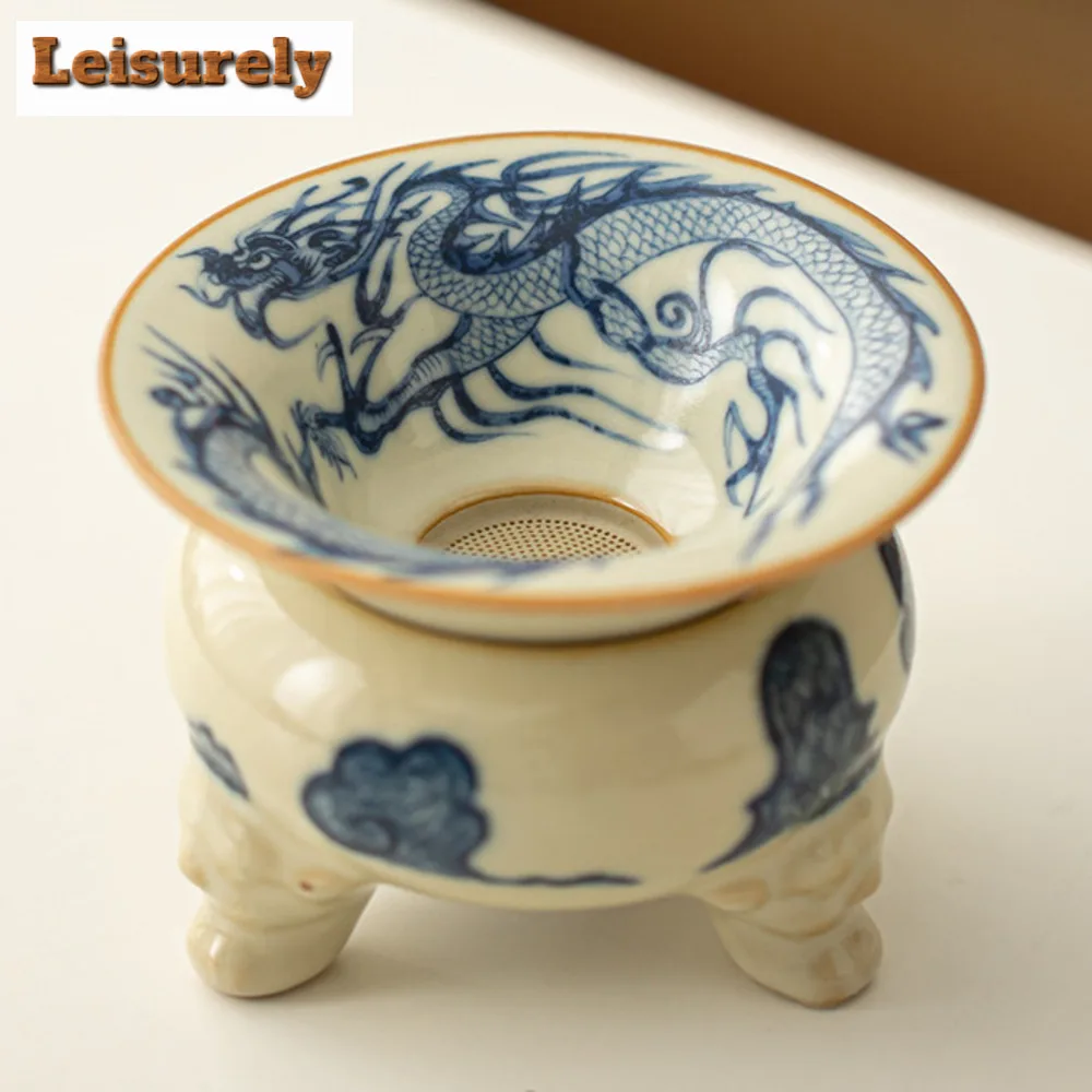 Boutique Blue and White Tea Infusor Dragon Patterned Herbal Tea Tea Strainer Household Tea Brewing Tea Filter Cha Teaset Craft