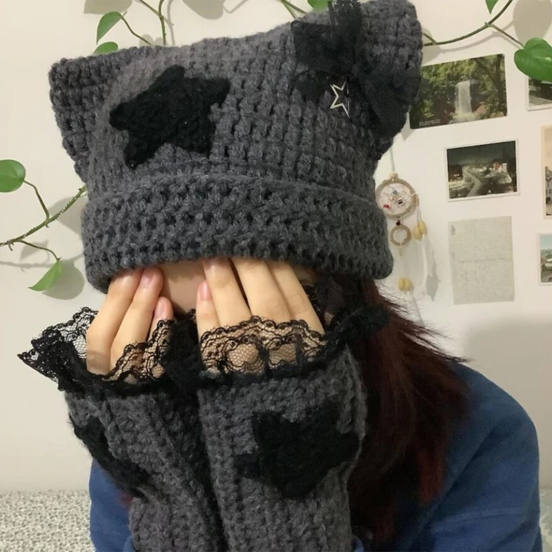 Crochet Stripe Pattern Handmade Cat Ear Hat Soft Winter