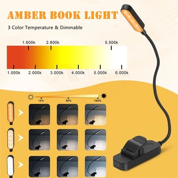 미니 USB LED 충전식 앰버 북 라이트, 유연한 야간 조명, 클립온 데스크 램프, 여행 침실 책용 독서 램프