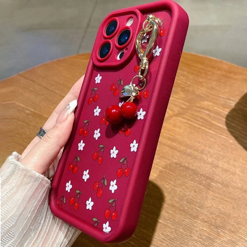 Red Cherry Pattern Silicone Phone Case with Chain Cover