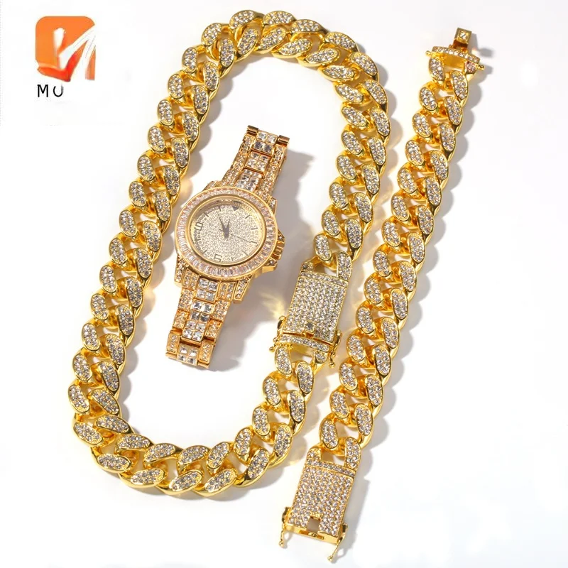

Luxury Hip-Hop Men's Three-Piece 315l Stainless Steel Watch Alloy Gold-Plated Necklace Full Of Zircon Fashion Cuban Chain