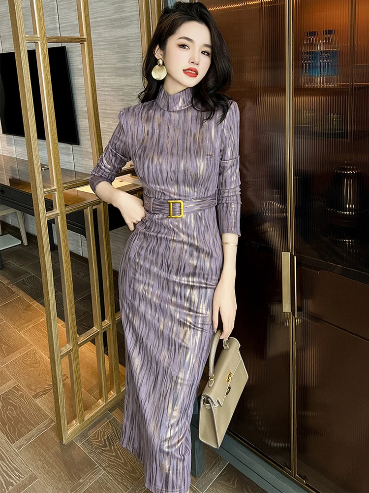 

Fashion Elegant Style Dress Women Retro Leather Velvet Shiny Shoulder Pad Long Sleeve Slit Robe Femme Party Office Lady Vestidos