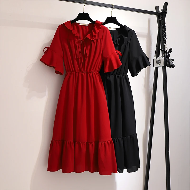 Plus-size Women's Summer Casual Dress Bow Lace embellembelled Polyester solid color French Dress Party dress Elegant dress solid elegant dress patchwork lace party midi female casual french style sweet kawaii korean dress women 2021 woman dress
