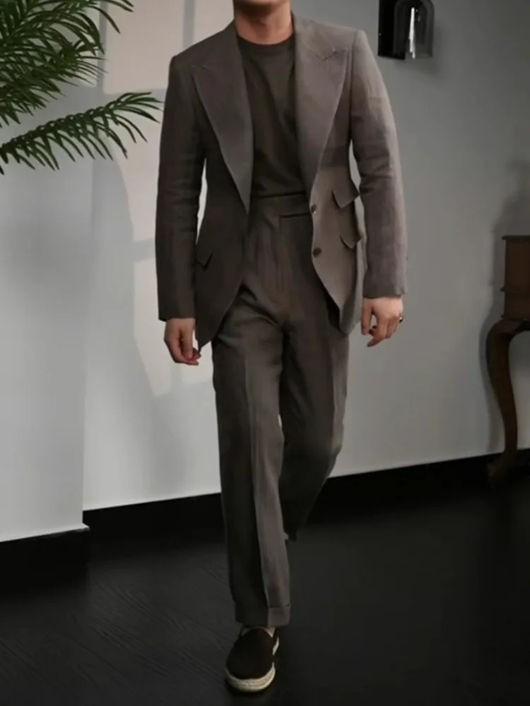 British Style Vintage Office Mens Business Casual Linen Suits Sets Slim Fit Blazers High Waist Straight Pants Men Two Piece Set
