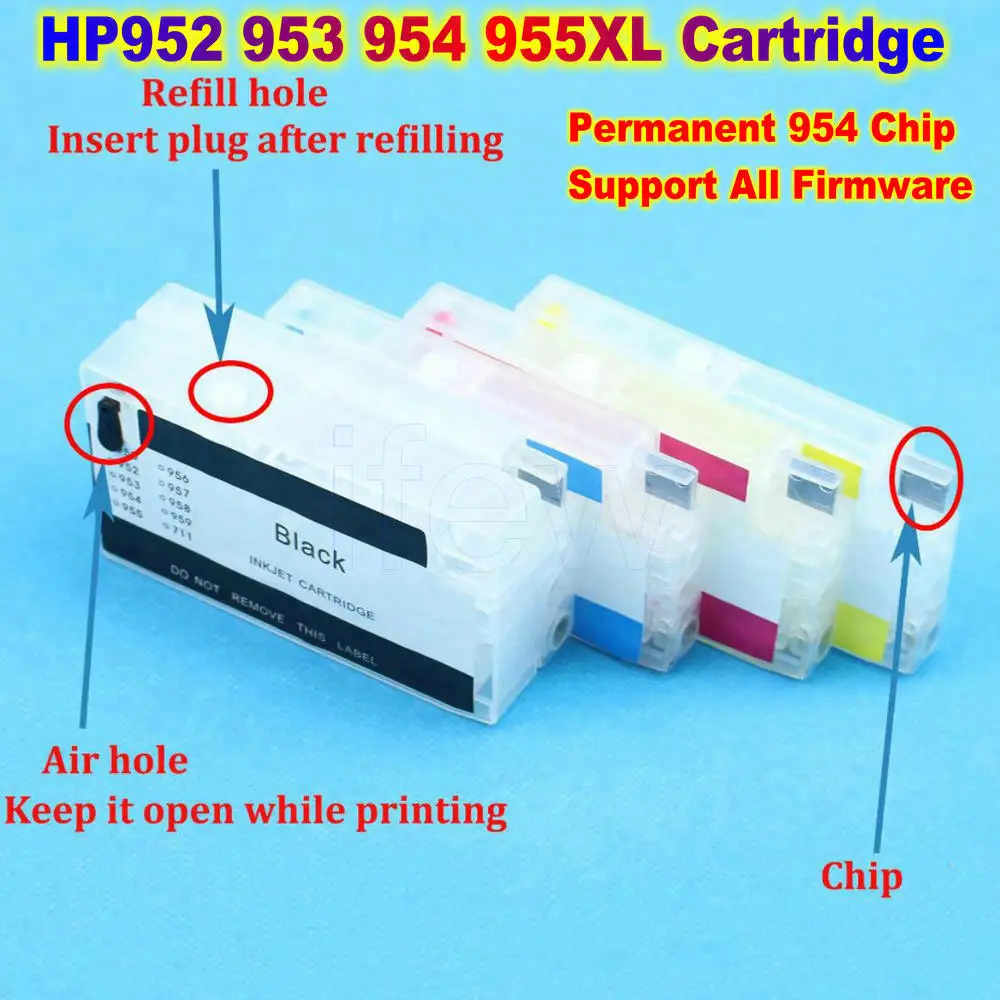 Hp95U HP952 953 954 955XL Refillable Ink Cartridge With Permanent 954 Chip For HP Officejet Pro 7740 8210 8710 8720 8730 8740 IC
