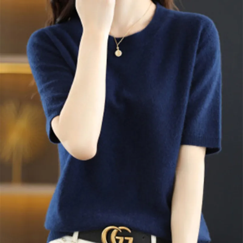 ตัวเลือกสินค้า ฤดูใบไม้ผลิและฤดูร้อนใหม่แขนสั้นผู้หญิง O-คอ Slim Wool Cotton Blend เสื้อกั๊กเสื้อยืดถักเสื้อกันหนาว