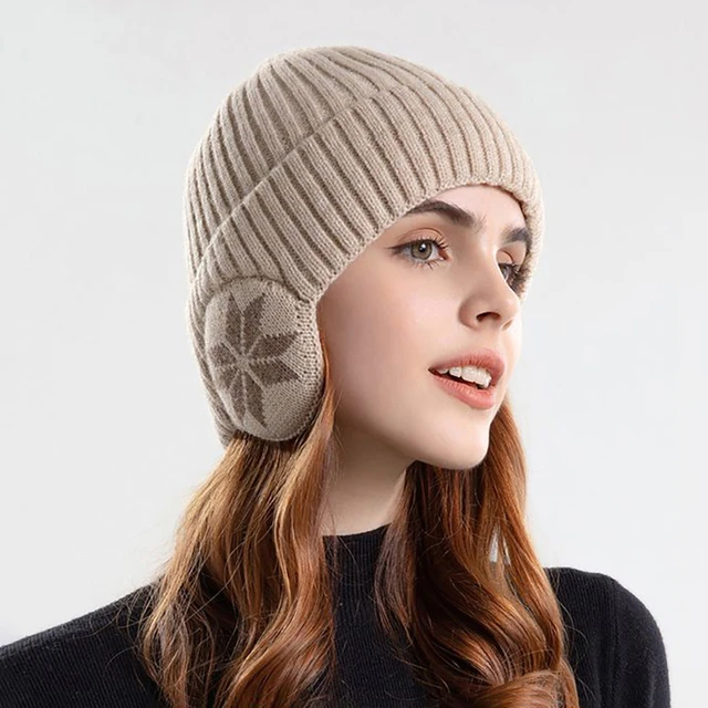 New Rhombic Flower Earmuffs Knitting Beanies Skullies Men Women Solid Color  Plush Lined Ear Warmer Hat Windproof Ski Bonnet - AliExpress