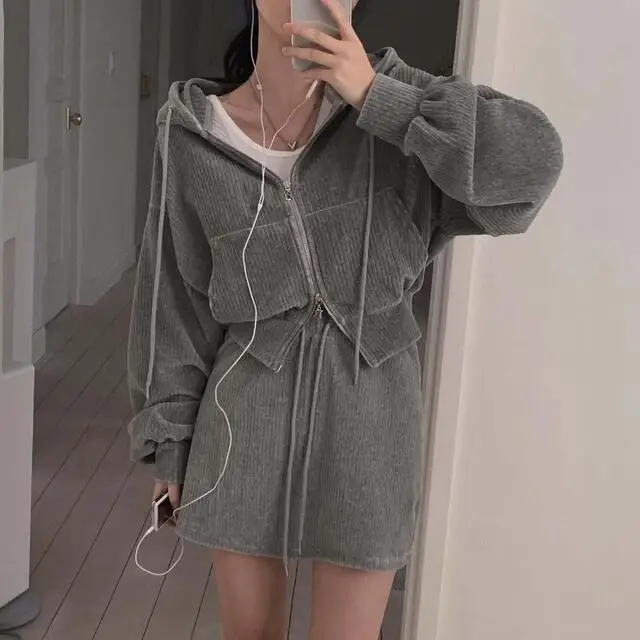 Korean CHic Corduroy Two-piece Skirt Sets Women Hoodie Crop Top Coats Bodycon Mini Skirt Autumn Winter New Outfits Casual Suit