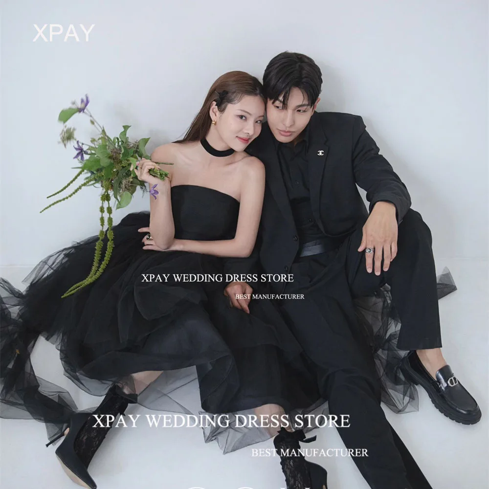 

XPAY Strapless Black Tulle Korea A Line Prom Dresses Sleeveless Wedding Photo Shoot Corset Pleats Draped Birthday Party Dress