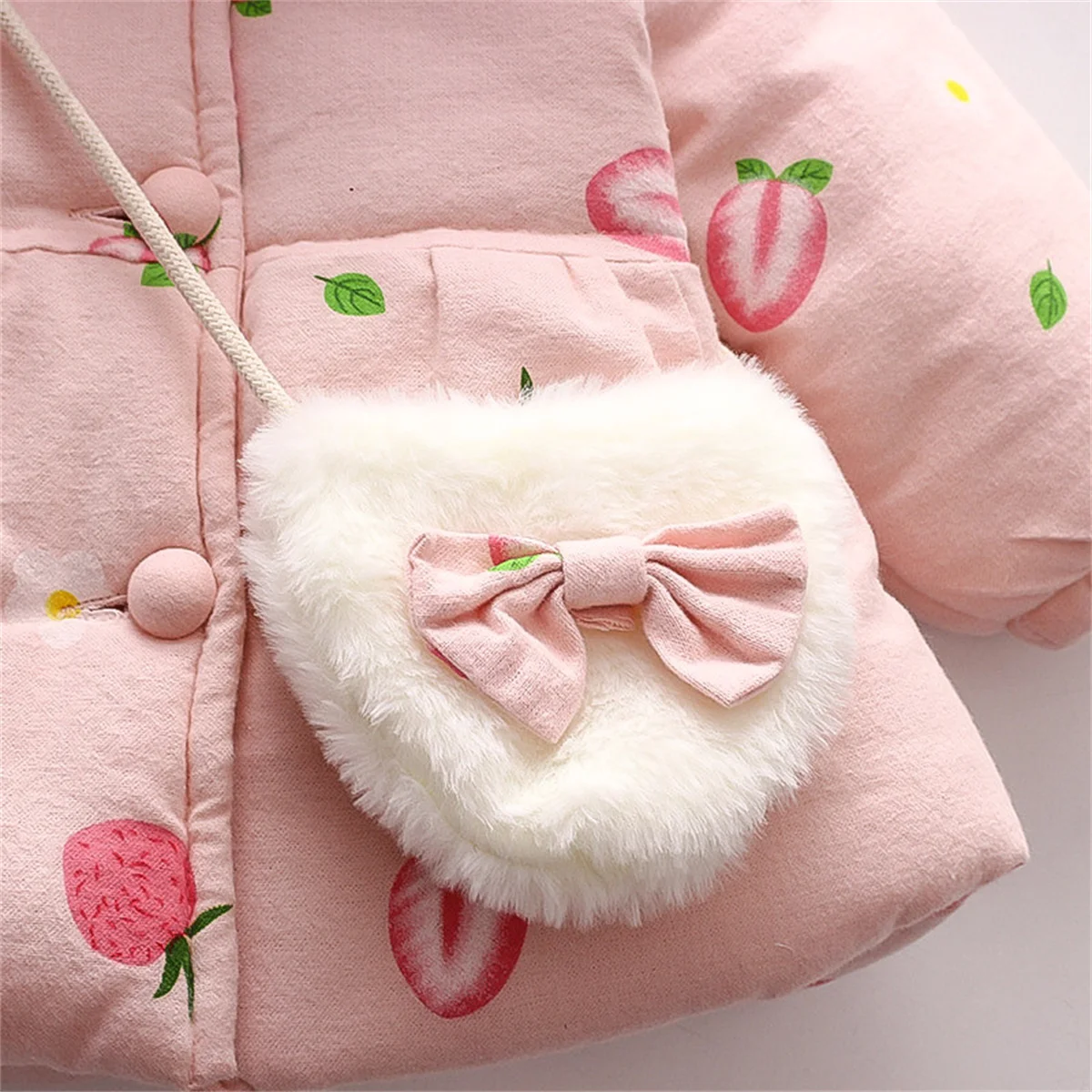 2 Pieces Set Winter Girls Jackets Bags Cartoon Strawberry Prints Single Breasted Rabbit Ears Hooded Cotton Clothes