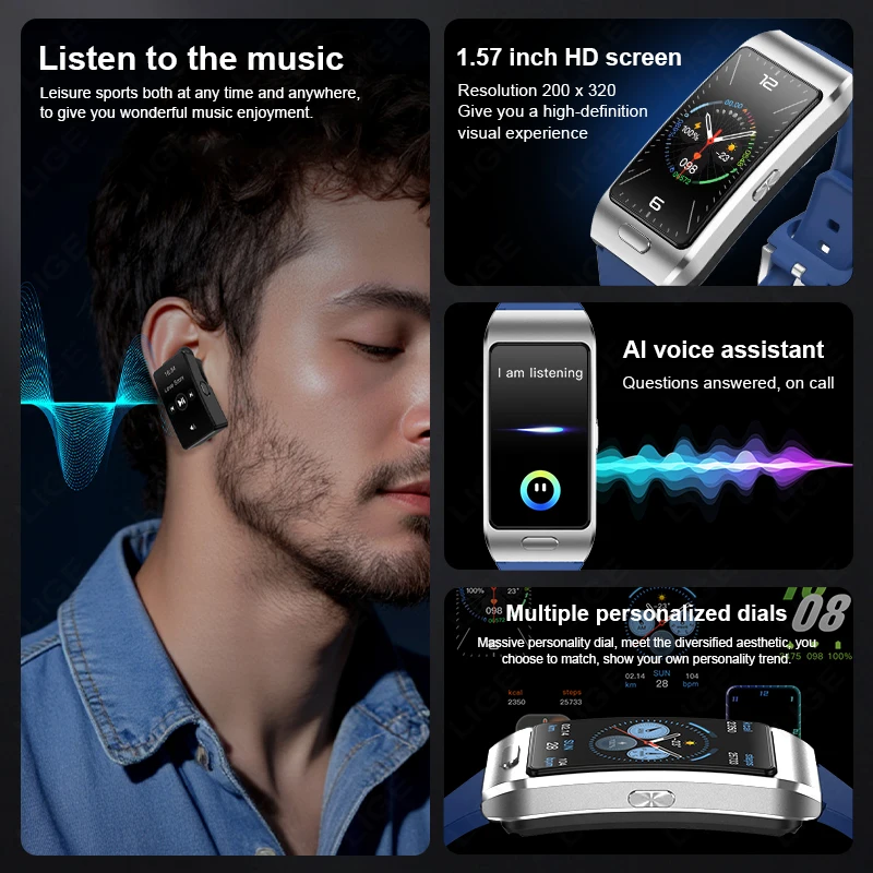 LIGE Smart Watch 2 In 1 TWS Headset 1.57" Men Women GPS Sports Fitness ECG Heart Rate Watches Bluetooth Call Music Smartwatch