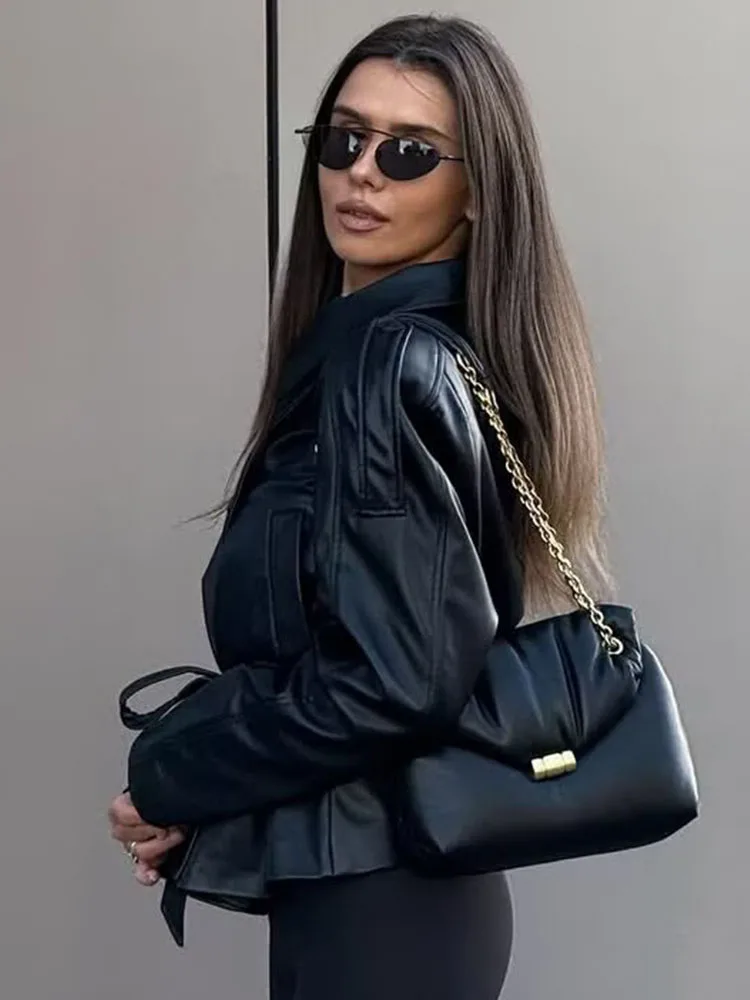 2025 Autumn Fashion Imitation Leather Effect Jacket Coat Long Sleeve With Belt Jackets For Women Streetwear Casual New Outerwear