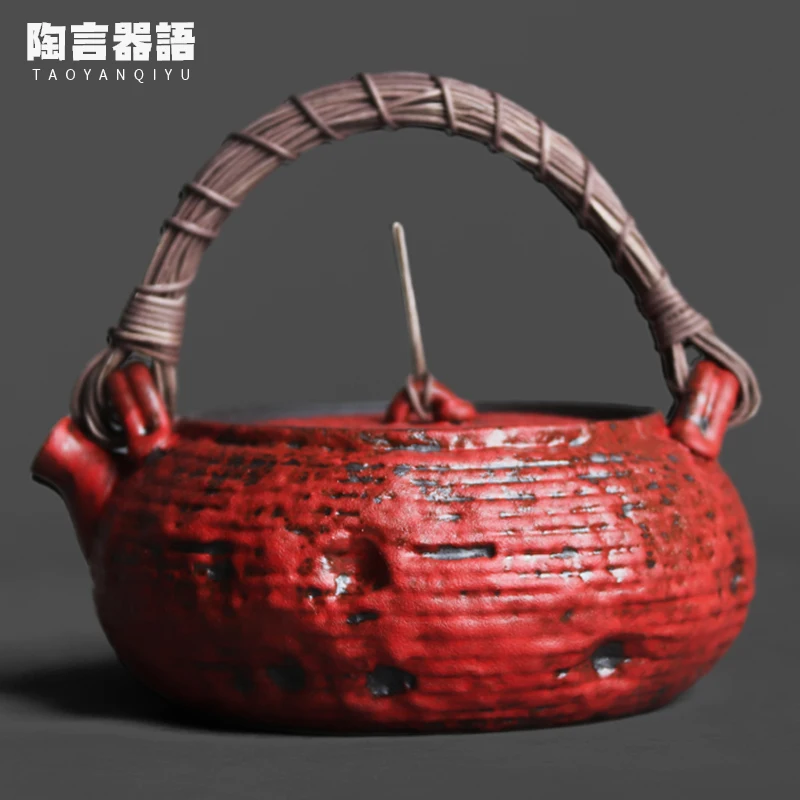 

Чайник из красной грубой глины с плетеной ручкой из ротанга, большой чайник с широким горлом для приготовления цветочного чая над открытым огнем, электрическая плита