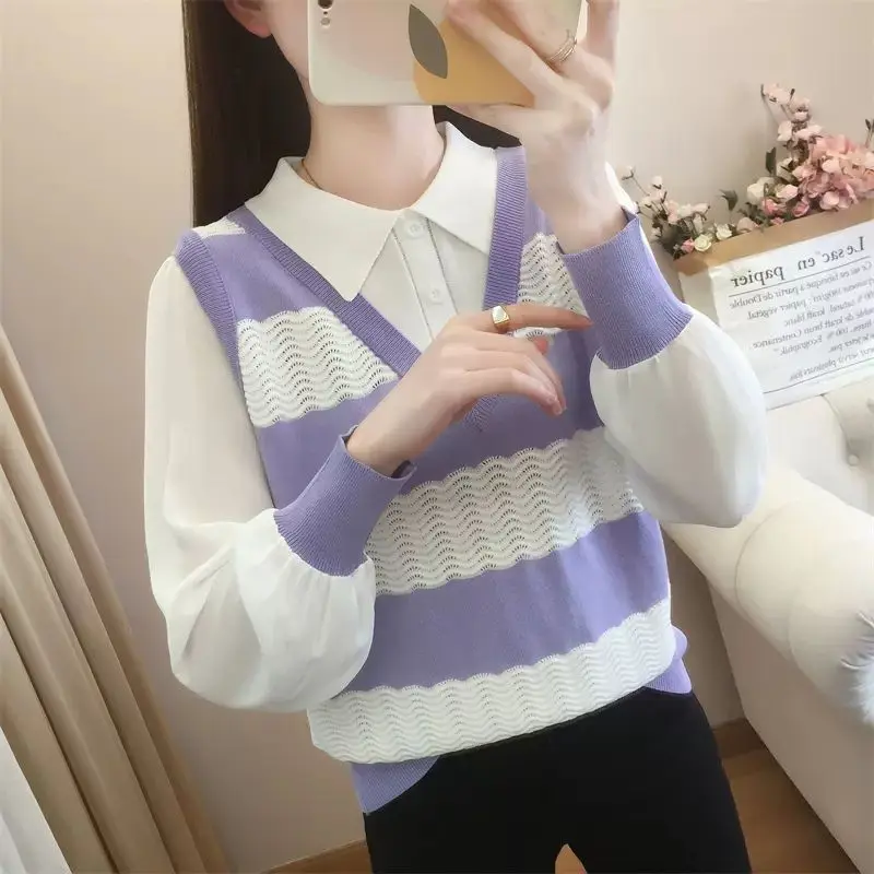 Fashion Spliced Button Striped Fake Two Pieces Blouse Women's Clothing 2023 Autumn New Knitted Casual Tops Commute Shirts