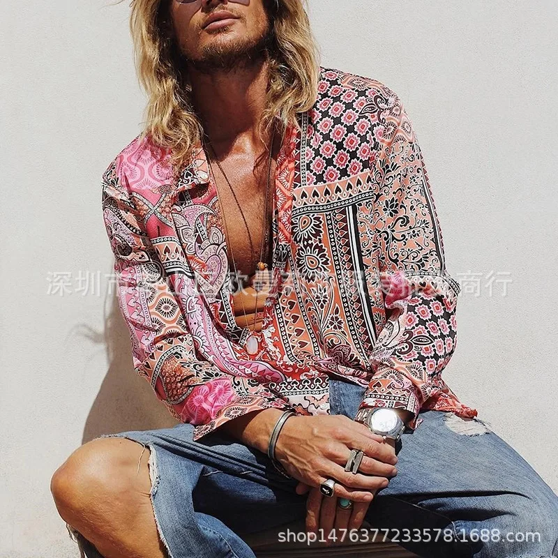 

Vintage Shirt Men's Hawaii Shirt Lapel Cardigan Shirt Long Sleeved Colorful Shirt Men Turn-down Collar Shirt Retro Streetwear