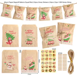 Vintage Christmas Gift Bags with Stickers - Festive Kraft Paper Holiday Party Favor and DIY Advent Calendar Set (24 Pieces) - 13x18cm (24sets Pattern C)