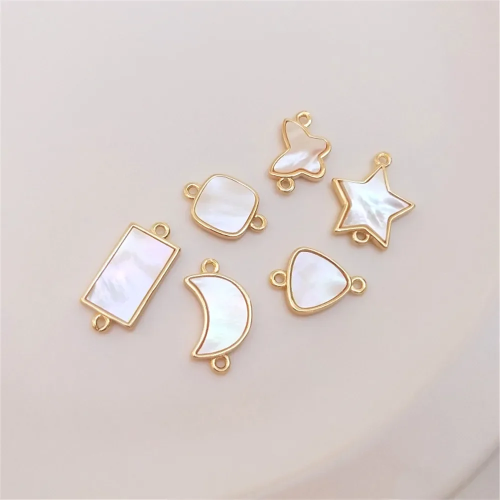 

14K Gold Plated Inlaid with sea color shell double ring pendant star moon butterfly DIY bracelet necklace accessories