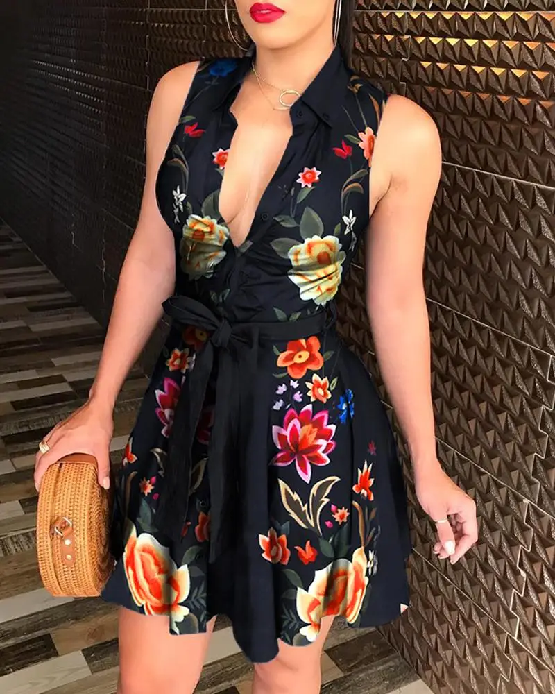 

Women Summer Fashion Sleeveless Mini Dress Lace-up V-neck Floral Printed Tie Waist Sleeveless Shirt Dress