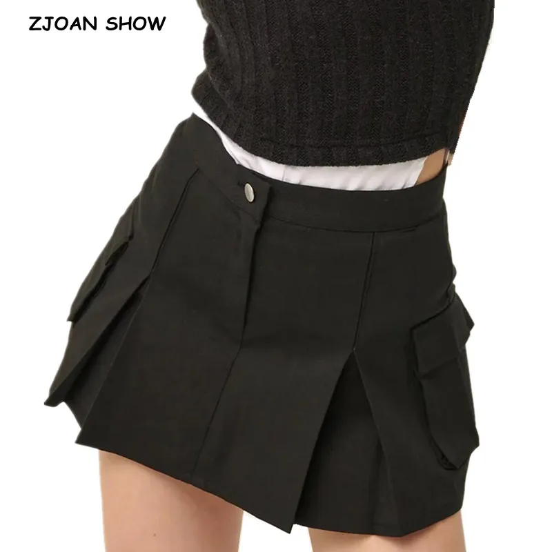 2023 Y2K American Retro Women Black Ruched Pleated High Waist Mini Skirt Side Pockets A line