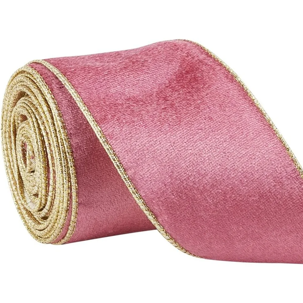 1Bundle 10 Yards Rose Velvet Wired Ribbon with Gold Metallic Back 2.5 inch Christmas Ribbon Wired Crushed Velvet