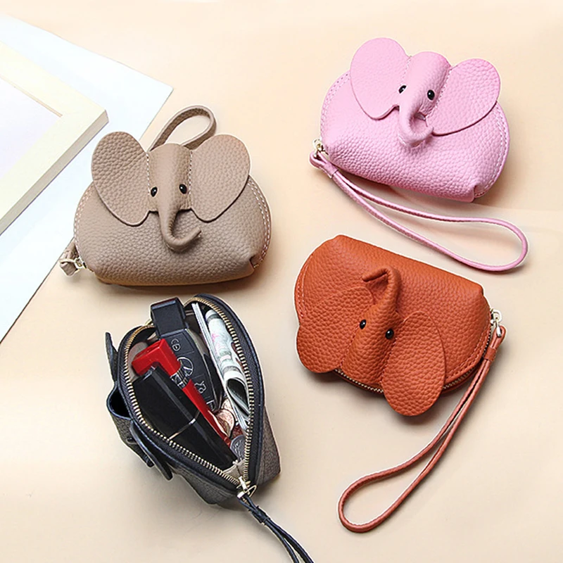 

Candy Color Coin Purse Genuine Leather Women Shell Wallet with Keychain Zipper Ladies Clutch Coins Change Bag Elephant Pattern