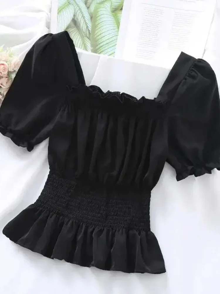 Chiffon women's shoulder shoulder spring and autumn Korean version waist slimming ruffled shirt short base top