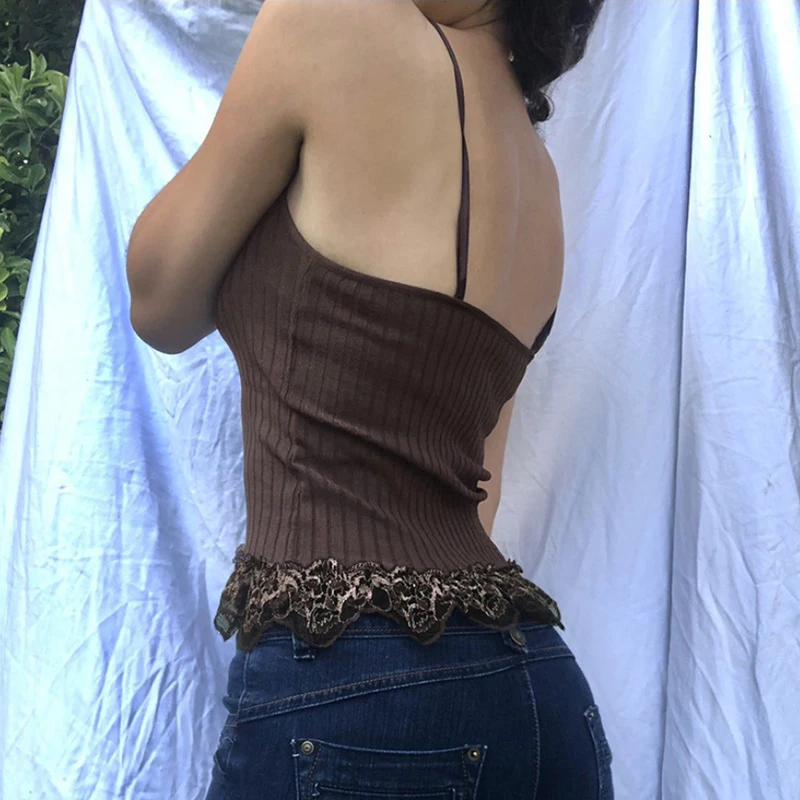Women's Lace Patchwork Crop Top – Y2K Fairy Grunge Ribbed Camisole, Light Brown - View #12