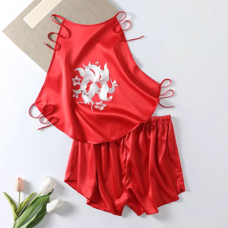 Biancheria intima a due pezzi Set 2 pezzi Pigiama da donna, stampa grafica floreale, camicia a maniche corte e pantaloncini con bottoni in pizzo trasparente, Marina, M