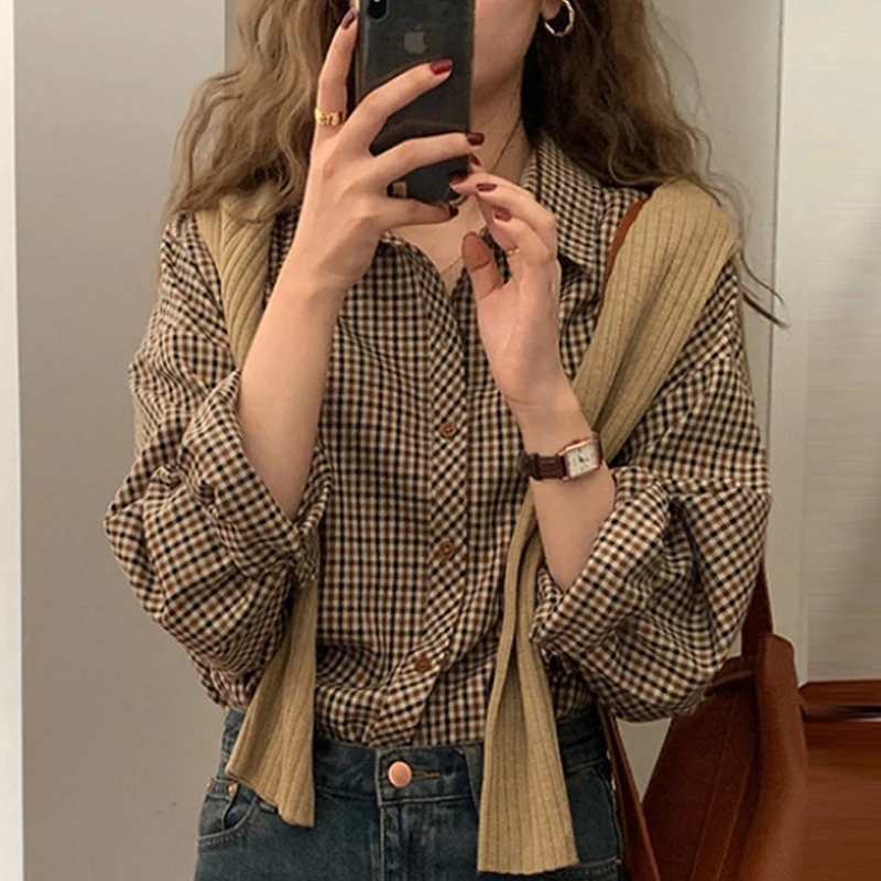 

Рубашка TPJB Женская в клетку, элегантная Базовая Классическая свободная офисная блузка в стиле ретро, с отложным воротником, с длинным рукавом, в Корейском стиле
