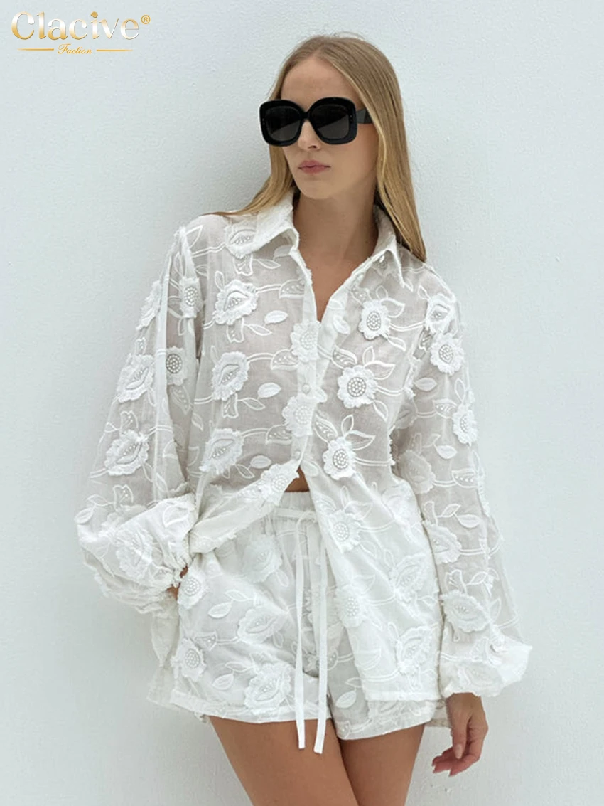 ClaciveFashionWhiteCotton2PieceSetsWomenOutfitElegantLongSleeveShirtWithHighWaistShortsSetFemaleStreetwear-AliExpress200000345