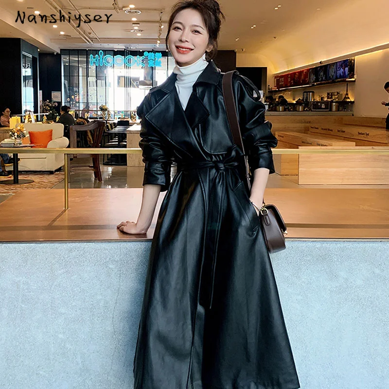 

High Quality Long Faux Leather Jacket For Women With Sashes Autumn 2023 Casual Fashion Long Sleeve Black Biker Leather Outwear