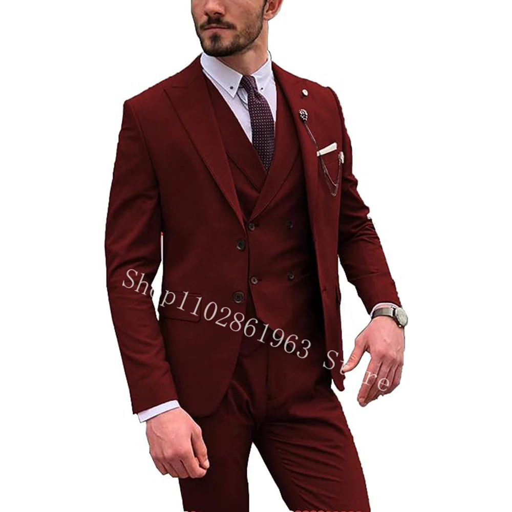 Tailor Made Men Suits Peak Lapel Two Buttons 3 Pieces Male Suits Groom Wear Wedding Tuxedos Blazer+Vest+Pants Costume Homme
