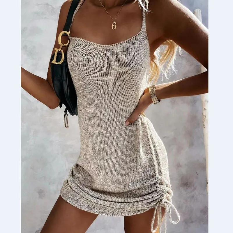 

Sleeveless Sling Mini Short Dress Casual Fashion Backless Drawstring Low Collar Solid Sexy Spring Summer 2024New Women Dresses