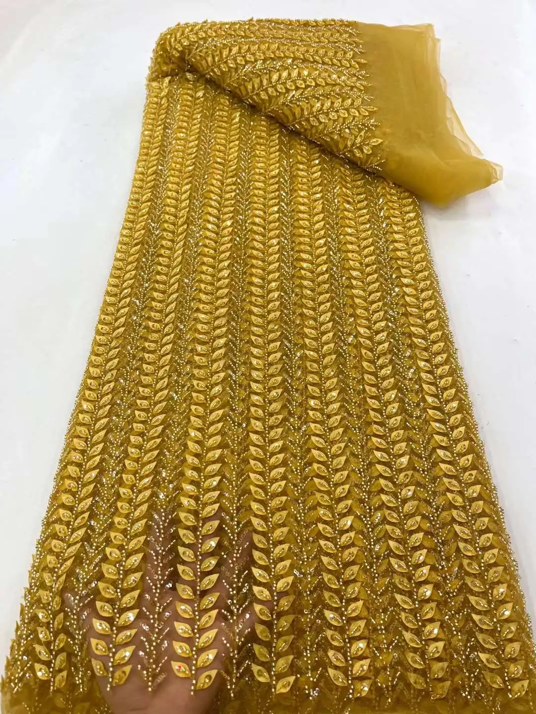 

Gold Nigerian Handmade Beaded Lace Fabric 2023 High Quality Sequins Beaded Embroidery African French Lace Fabric For Dress