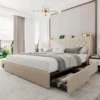 Upholstered King Size Bed Frame with 4 Storage Drawers, Platform Bed Frame with Wingback Headboard, Charging Station, Beige 1