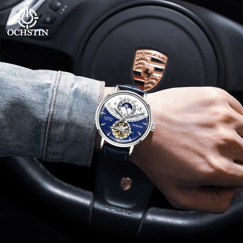 OCHSTIN Masterpiece Series Flywheel Hollow Mechanical Mens Watch Pot Lid Three-dimensional Glass Leather Strap Mechanical Watch