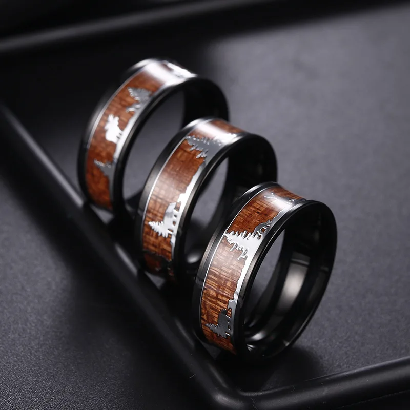 NUOBING Black Stainless Steel Hunting Ring Wedding Band Wood Inlay Deer Stag Silhouette Ring For Men Women Charm Jewelry Gift