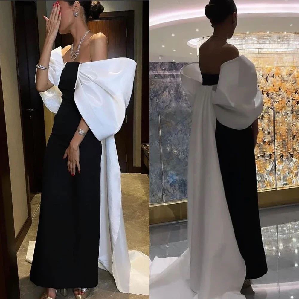 

Simple Prom Saudi Arabia Off-the-shoulder A-line Formal Ocassion Gown Floor length Bows Charmeuse Evening Dress فساتين السهرة