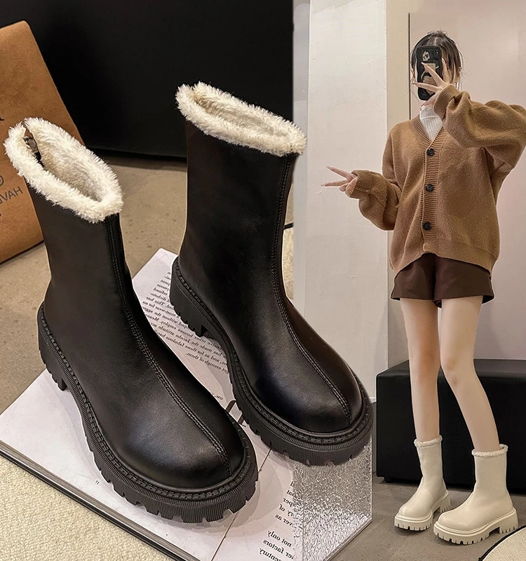 

Zipper Women's Leather Boots Winter Footwear Boots-Women Round Toe Female Shoes Clogs Platform 2023 Rubber Ladies Med Rock Short